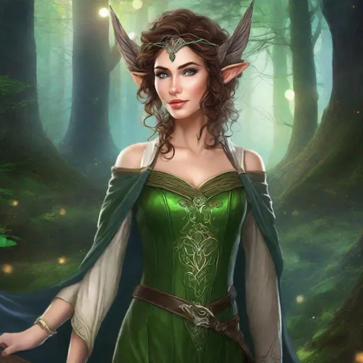 Prompt: fantasy book cover, a dark chesnut haired elven princess with brown highlights in her very extremely er long short messy curly pixie hair, pale skinned, elf fae, tall and willowy and pretty, soft freckles, big large green eyes, pointed ears, intricate blue and green gown, pointy elvish ears, iron palace gray metal, landscape beautiful pine forest, Carne Griffiths, Michael Garmash, Frank Frazetta, Castle Background, Victo Ngai, Detailed, Vibrant, Sharp Focus, Character Design, Wlop, Kuvshinov, Character Design, TXAA, 32k, Highly Detailed, Dynamic Pose, Intricate Motifs, Organic Tracery, Perfect Composition, Digital Painting, Artstation, Smooth, Sharp Focus, Illustration, hyperdetailed, greg rutkowski