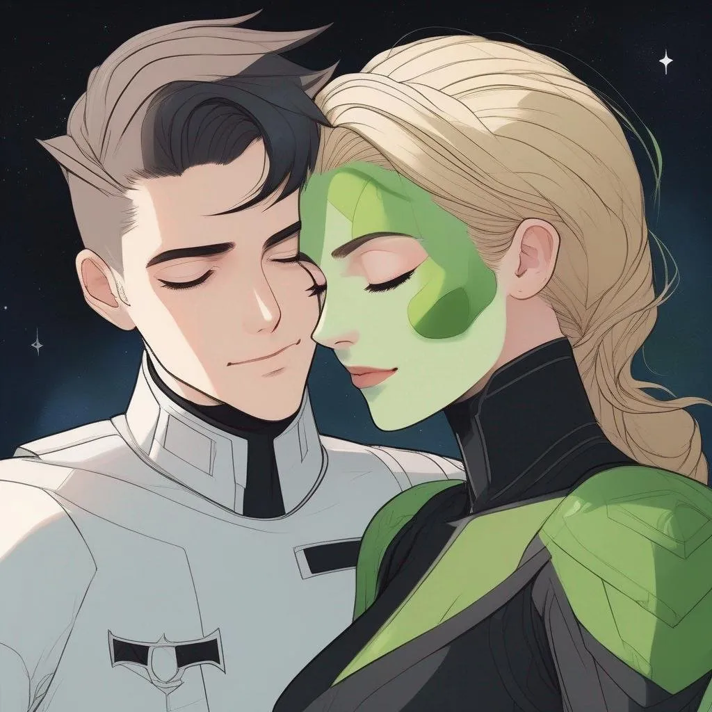 Prompt: a (man with pale skin) and very (short brown slicked back pompadour undercut), green eyes, scarred face, wearing a futiristic black space uniform; hugging a (green woman) with very green skin and short (jet (black)) messy wavy (bob hair) haircut, she has green skin, green face with emerald skin, green skin, green female with green skin colour, green skinned girl, her skin is green, she wears a futiristic entirely black space uniform. soft feminine body features. Smooth skin, detailed, well drawn face. Rpg art. 2d art. 2d.