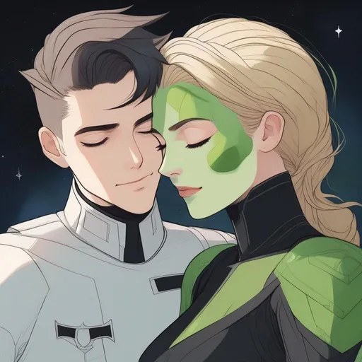 Prompt: a (man with pale skin) and very (short brown slicked back pompadour undercut), green eyes, scarred face, wearing a futiristic black space uniform; hugging a (green woman) with very green skin and short (jet (black)) messy wavy (bob hair) haircut, she has green skin, green face with emerald skin, green skin, green female with green skin colour, green skinned girl, her skin is green, she wears a futiristic entirely black space uniform. soft feminine body features. Smooth skin, detailed, well drawn face. Rpg art. 2d art. 2d.