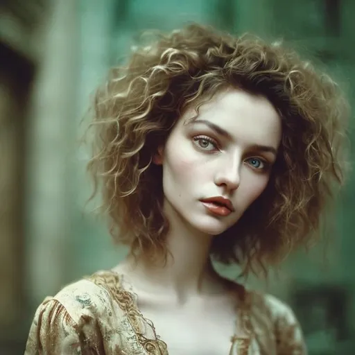 Prompt: analog portrait photograph of a feminine russian woman, very highly extremely short brown wavy messy curly bob hair, long hooked grecian aquiline nose, thin harrow nose, green feline eye shape, dark room, Porta 160 color, shot on fujifilm, by kyunginc