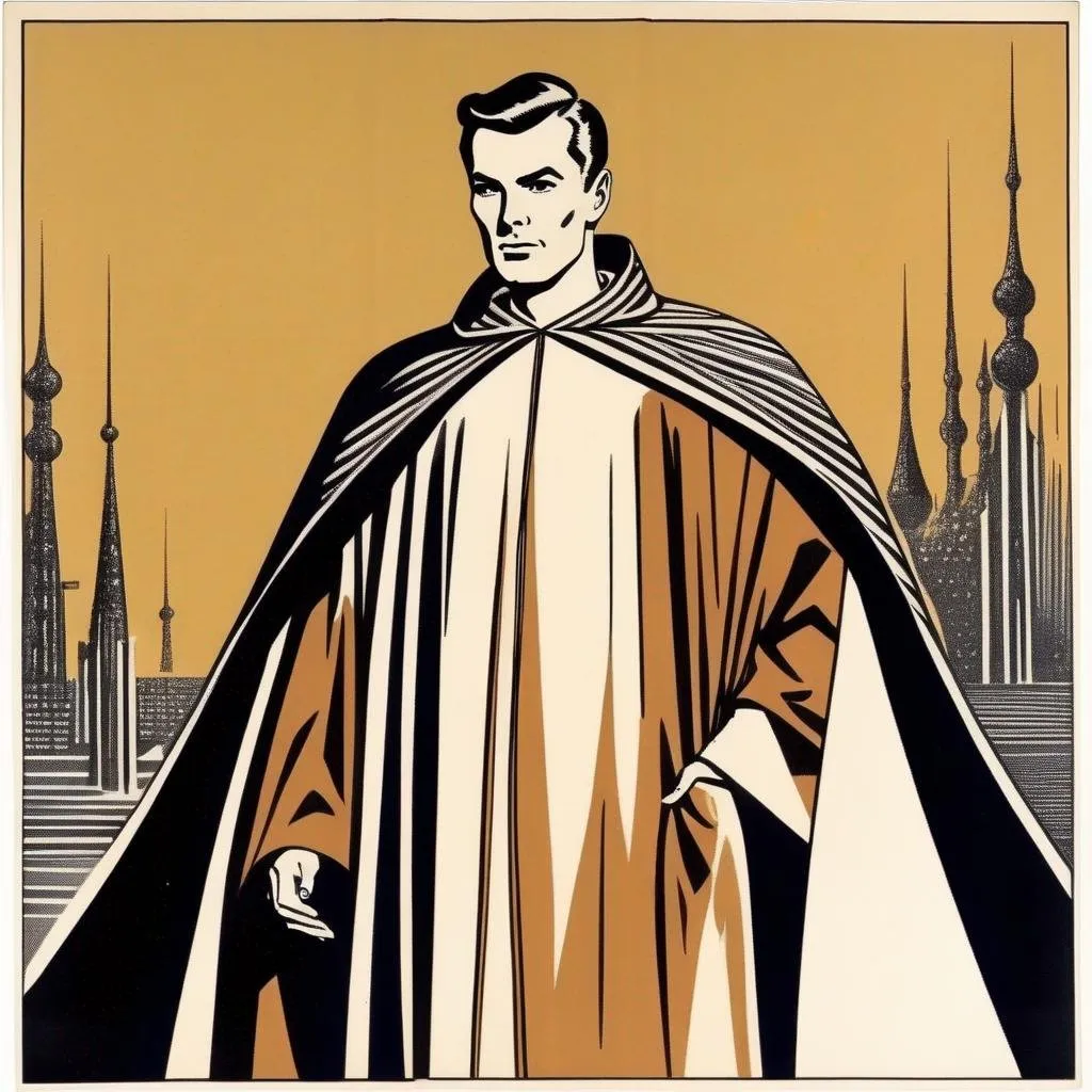 Prompt: Silk screen comic book illustration, sorcerer wearing a robe mantle, brown pompadour haircut, pale, 1960s Soviet retrofuturism, 