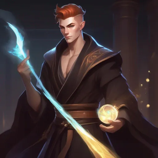 Prompt: A male mage in dark robes, with very short extremely deep dark brown slicked back pompadour undercut with ginger highlights and shaved sides, very pale milky skin. He fights with a magic staff and casts magic spells, potions on his belt, soft feminine body features. Smooth skin, detailed, well drawn face. Rpg art. 2d art. 2d.