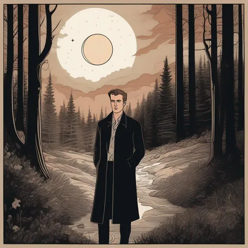 Prompt: A silkscreen comic illustration of a caucasian male sorcerer with freckles and very short brown slicked back pompadour undercut hair with shaved sides:vistani, melancholic, in a forest on a dark foggy night, holding a baby, bid sad slant brown eyes, pale milky skin:2, waxing moon, round shaven face, broad cheeks, ethereal, jewelry set, highres, realistic, highly detailed, fantasy, european, irish, D&D, Ravenloft, by Ilya Kuvshinov