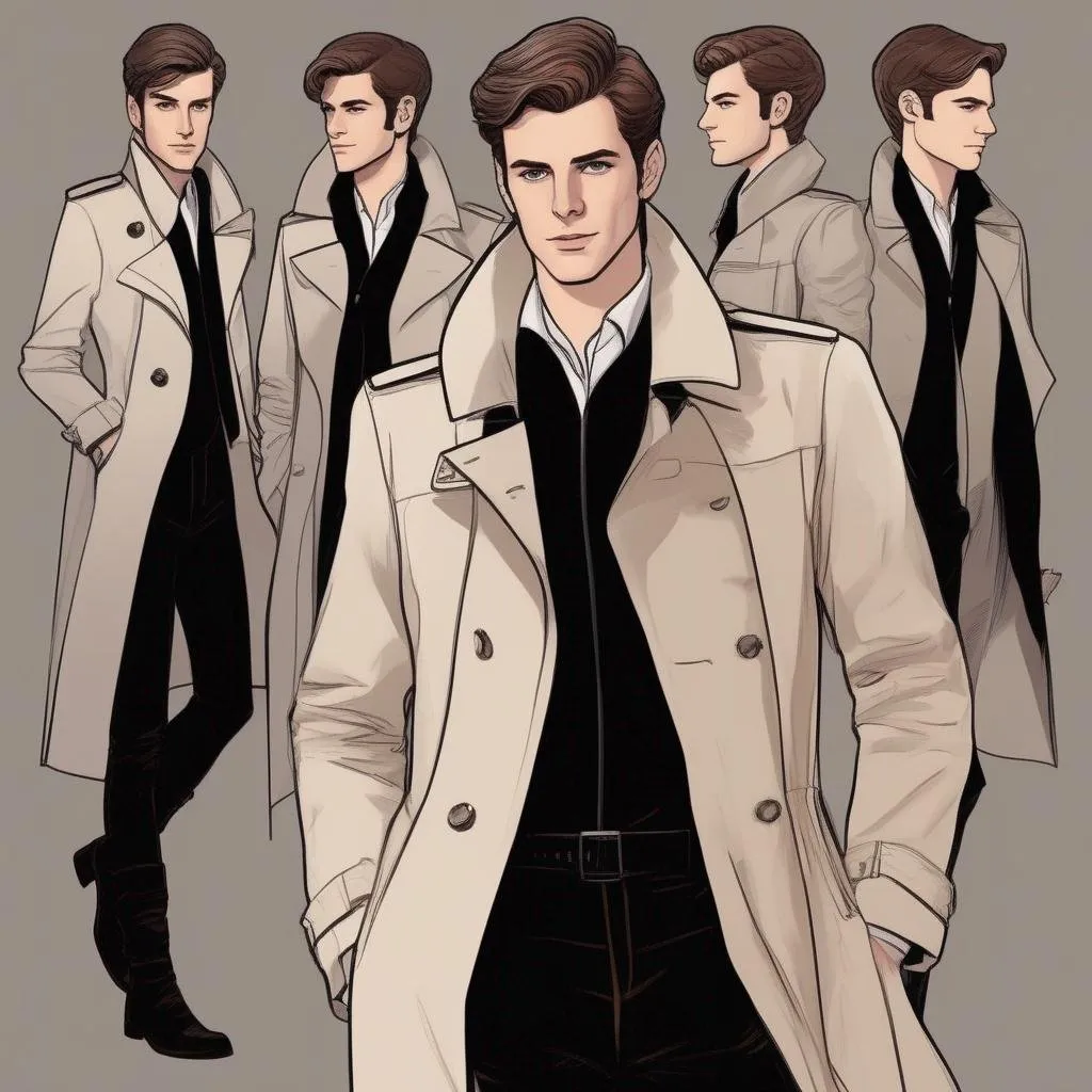 Prompt: full body shot shot of a young {man} with moderate length brown hair wearing dark brown trench jacket and white collared shirt with black pants and black boots, handsome, rpg art. Star trek art. 2d art. 2d