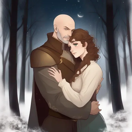 Prompt: highest quality anime art masterpiece, digital drawing, caucasian bald male sorcerer wearing mantle, with freckles and balding hairless scalp:vistani, melancholic, in a forest on a dark foggy night, hugging a woman with short brown wavy  pixie hair, bid sad slant brown eyes, pale milky skin:2, waxing moon, round shaven face, broad cheeks, ethereal, trimmed face, highres, realistic, highly detailed, fantasy, european, irish, D&D, Ravenloft, by Ilya Kuvshinov