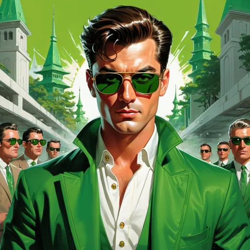 Prompt: retro futuristic soviet silk screen pulp fiction fantasy comic book cover, a dark chesnut haired male sorcerer very short slicked back pompadour undercut hair, mage, tall and willowy and pretty, soft freckles, big large green eyes, wizard, intricate emerald and green robe, wearing round retro shades with green lenses, old fashioned emerald sunglasses, iron palace gray metal, landscape beautiful pine forest, Carne Griffiths, Michael Garmash, Frank Frazetta, Castle Background, Victo Ngai, Detailed, Vibrant, Sharp Focus, Character Design, Wlop, Kuvshinov, TXAA, 32k, Highly Detailed, Dynamic Pose, Intricate Motifs, Organic Tracery, Perfect Composition, Digital Painting, Artstation, Smooth, Sharp Focus, Illustration, hyperdetailed, greg rutkowski