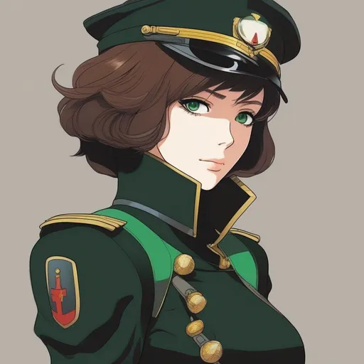Prompt: Whole body. Full Figure, from distance. a Young noble woman in 22nd century, black scifi uniform. Cute. short chetnut pixie hairs. emerald eyes. Akira art. Anime art. Captain Harlock art. Leiji Matsumoto art. 2d art. 2d. well draw face. detailed.