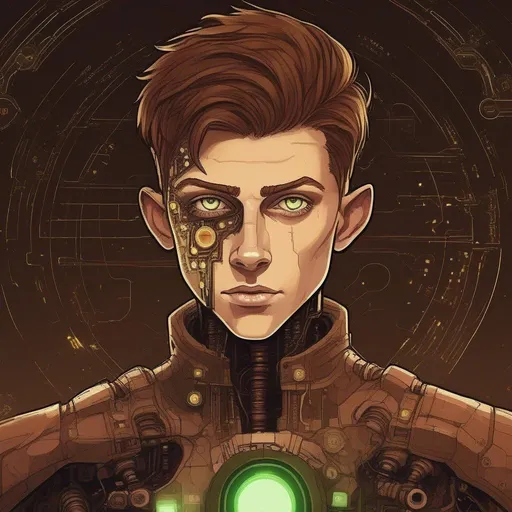 Prompt: light rice paper::3, irish androgynous feminine young caucasian teenage male boy sorcerer, cyberpunk borg with circuits and sockets on his body and tubed prosthetics, very short dark brown pompadour hair, wizard mantles, dark woman's makeup, freckled, milk skin, art, circle, one color background, by Hokusai and James Gurney,