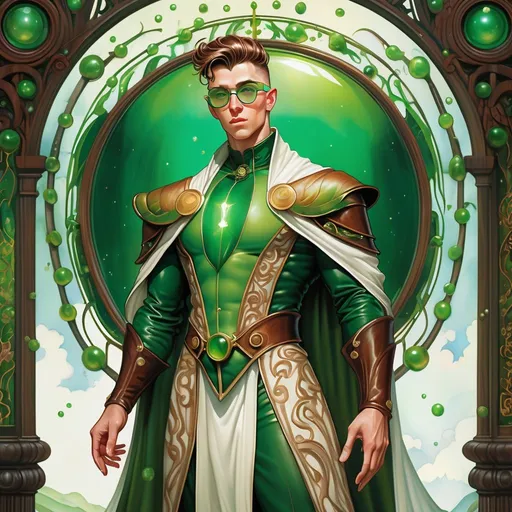 Prompt: a dynamic full body portrait of an irish adult beautiful handsome brown haired man, very short slicked back pompadour undercut with shaved sides and chestnut wisps, wearing a sorcerer mantle and round glasses, green mirror shades with emerald lenses round face, broad cheeks, muscular, intricate, sharp focus, in the style of Ivan Bilibin, Ernst Haeckel, Daniel Merriam, watercolor and ink