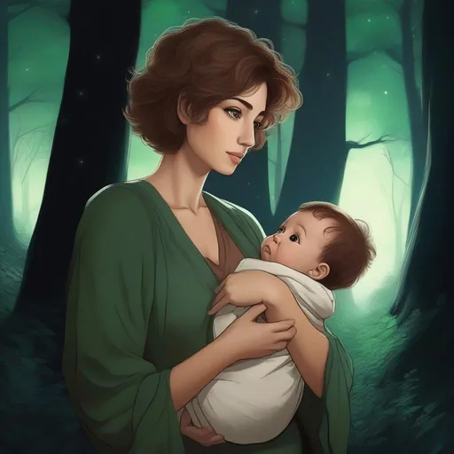 Prompt: highest quality anime art masterpiece, digital drawing, caucasian woman with very short brown thick wavy messy pixie hair:vistani, carrying a bald newborn baby boy in her arms, sad, in a forest on a dark foggy night, big green eyes, tanned skin:2, waxing moon, huge long wide broad hooked greek aquiline algerian oriental arabic nose, flat chest, ethereal, jewelry set, highres, realistic, highly detailed, fantasy, gypsy, roma, D&D, Ravenloft, by Ilya Kuvshinov