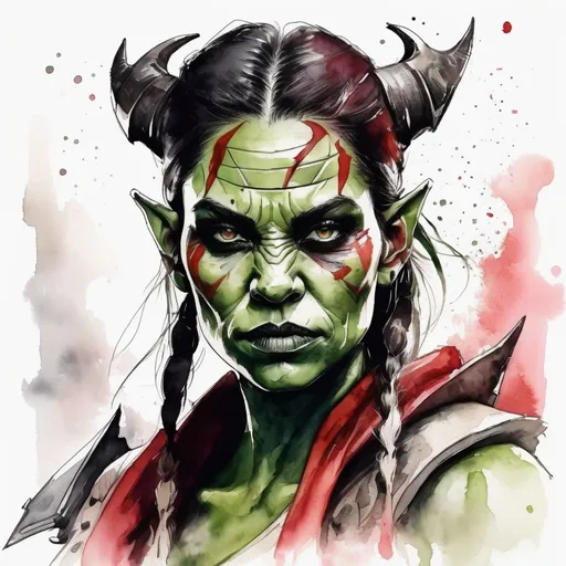 Prompt: Ultra realistic photo portrait of a female orc warrior in watercolor style, minimalist, elegant, white background, black lines, green shades, red tones, thick bold Rotring lines, capturing strength and fantasy, powerful and artistic portrayal, focusing entirely on the character, no additional elements, watercolor illustration.