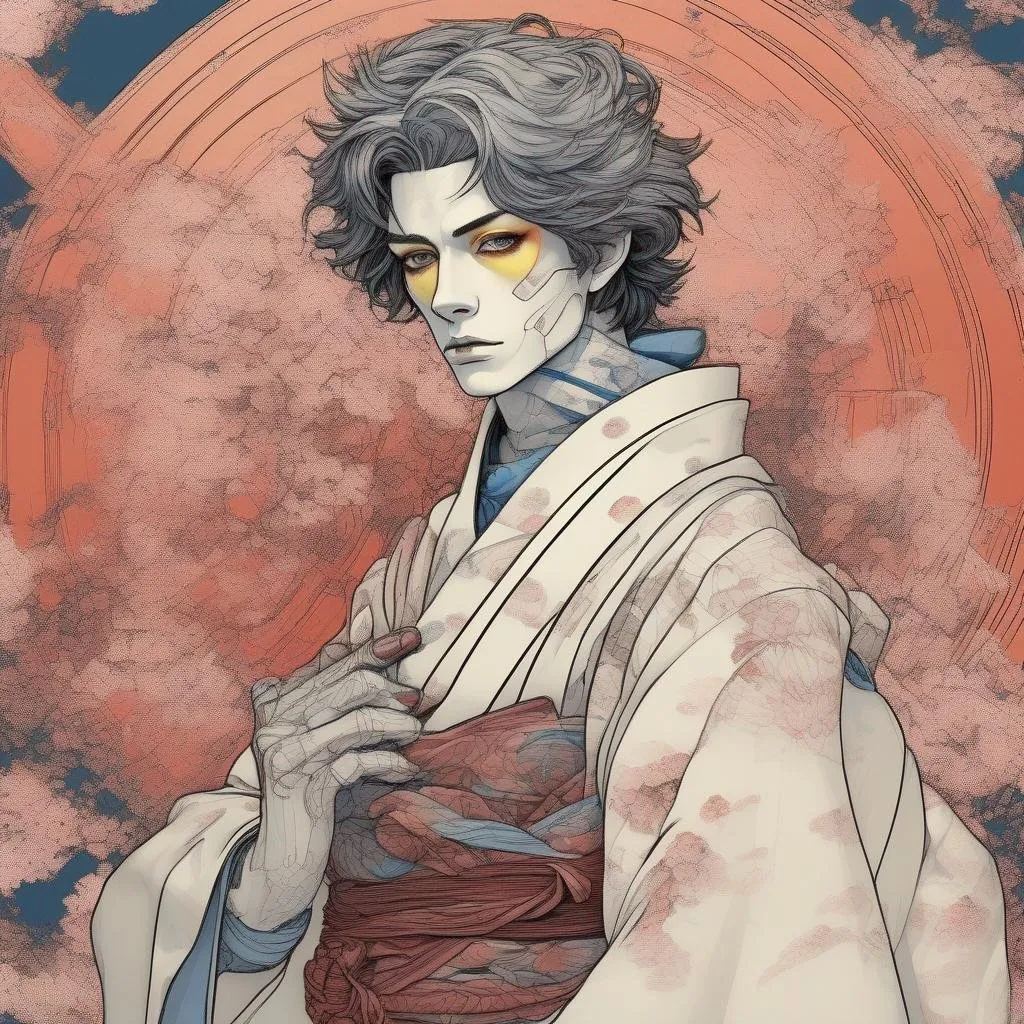 Prompt: boy alike tall girlish Japanese boyish androgynous feminine young caucasian teenage male boy geisha, slightly masculine, a bit manly, boylike girllike cyberpunk droid with open body implants an prosthetics, long wavy hair, woman kimono, full makeup, limitless, art, circle, one color background, by Hokusai and James Gurney,