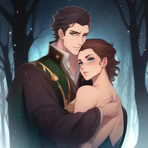 Prompt: highest quality anime art masterpiece, digital drawing, caucasian male sorcerer wearing mantle with freckles and very short brown slicked back pompadour undercut hair with shaved sides:vistani, melancholic, in a forest on a dark foggy night, hugging a buxom mermaid with lobg black wavy hair, bid sad slant brown eyes, pale milky skin:2, waxing moon, round shaven face, broad cheeks, ethereal, trimmed face, highres, realistic, highly detailed, fantasy, european, irish, D&D, Ravenloft, by Ilya Kuvshinov