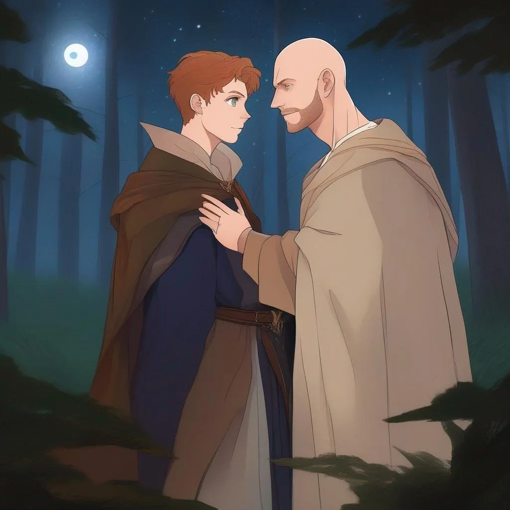 Prompt: highest quality anime art masterpiece, digital drawing, caucasian bald male sorcerer wearing mantle, with freckles and balding hairless scalp:vistani, melancholic, in a forest on a dark foggy night, hugging a woman with short brown wavy  pixie hair, bid sad slant brown eyes, pale milky skin:2, waxing moon, round shaven face, broad cheeks, ethereal, trimmed face, highres, realistic, highly detailed, fantasy, european, irish, D&D, Ravenloft, by Ilya Kuvshinov