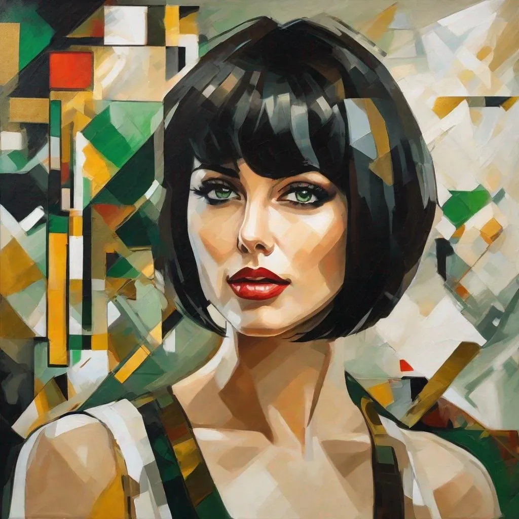 Prompt: Full Portrait. High Resolution Image, 4k Definition, Oil Painting On Canvas, Textures Of White, Off White, Gold And Copper And Some Dark Gray To Appear Like Grease. Stunning Brunette Woman,With Short Pitch Black Straight Hair With Bangs, Green Eyes. Dream Come True, She Is Staring At You… Background Has Geometric Shapes Kandinsky Style