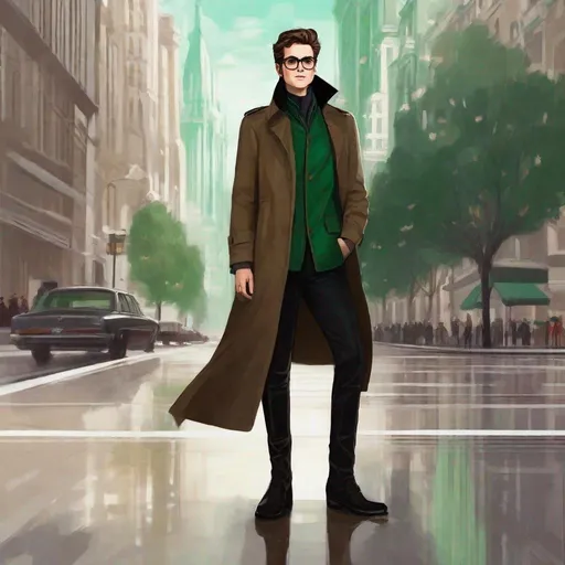 Prompt: full body shot shot of a young {man} with moderate length brown hair wearing dark brown trench jacket and white collared shirt with black pants and black boots, round glasses, green shades with emerald lenses, handsome, rpg art. Star trek art. 2d art. 2d