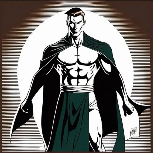 Prompt: Silk screen comic book illustration, of an athletic, adult slender muscular male mage in movement, wearing a dark green wizars robe with a cape, loincloth, white shirt underneath, very short extremely deep dark brown slicked back pompadour undercut with dark ginger highlights and shaved sides, very bright and pale milky skin.  Well drawn face, detailed face,  1960s Soviet retrofuturism, 