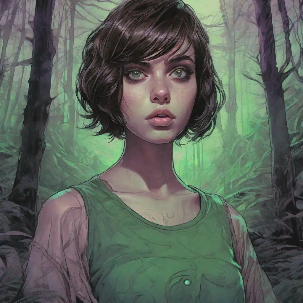 Prompt: a beautiful girl, brown short hair, big green eyes, huge long big hooked aquiline arabian nose, T-shirt , standing in a forest at night, fear , biomorphic , muted pastel colors palette, by  Callie Fink, SIYA OUM, GIGER, Datamoshing , Vaporware, ink wash painting, aesthetic , centered, 16k, HQ, perspective ,insanely detailed and intricate, hyper realistic, cgsociet, dynamic pose