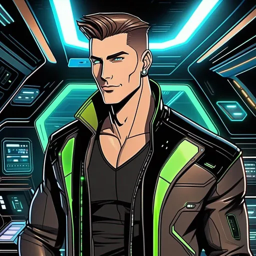 Prompt: detailed character portrait, full body portrait of a muscled male with brown pompadour undercut, retro futuristic starship captain, green glowing eyes, smirking, black futuristic leather jackett, on smoky background, docking station, inside of a spaceship, soft feminine body features. Smooth skin, detailed, well drawn face. Rpg art. 2d art. 2d.