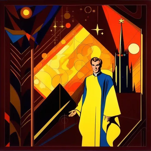 Prompt: Silk screen comic book illustration, male magician wearing a mage robe, very short brown hair, 1960s Soviet retrofuturism, full vivid colours, raypunk,