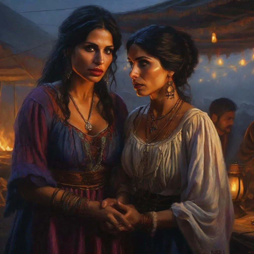 Prompt: fantasy art, oil painting, ablend of morena baccarin and sarah shahi, as a dancing gypsy woman, in a dark gypsy camp, roma attire, foggy night, dreadful dark and moody atmosphere, frightened and concerned expression, close up, cinematic, dramatic, highres, detailed, D&D, DnD, Pathfinder, Ravenloft, Vistani, fantasy, by Clyde Caldwell,