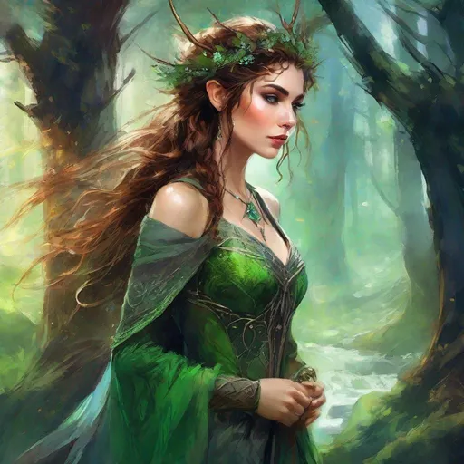 Prompt: fantasy book cover, a dark chesnut haired elven princess with brown highlights in her very extremely er long short messy curly pixie hair, elf fae, tall and willowy and pretty, soft freckles, big large green eyes, pointed ears, intricate blue and green gown, pointy elvish ears, iron palace gray metal, landscape beautiful pine forest, Carne Griffiths, Michael Garmash, Frank Frazetta, Castle Background, Victo Ngai, Detailed, Vibrant, Sharp Focus, Character Design, Wlop, Kuvshinov, Character Design, TXAA, 32k, Highly Detailed, Dynamic Pose, Intricate Motifs, Organic Tracery, Perfect Composition, Digital Painting, Artstation, Smooth, Sharp Focus, Illustration, hyperdetailed, greg rutkowski