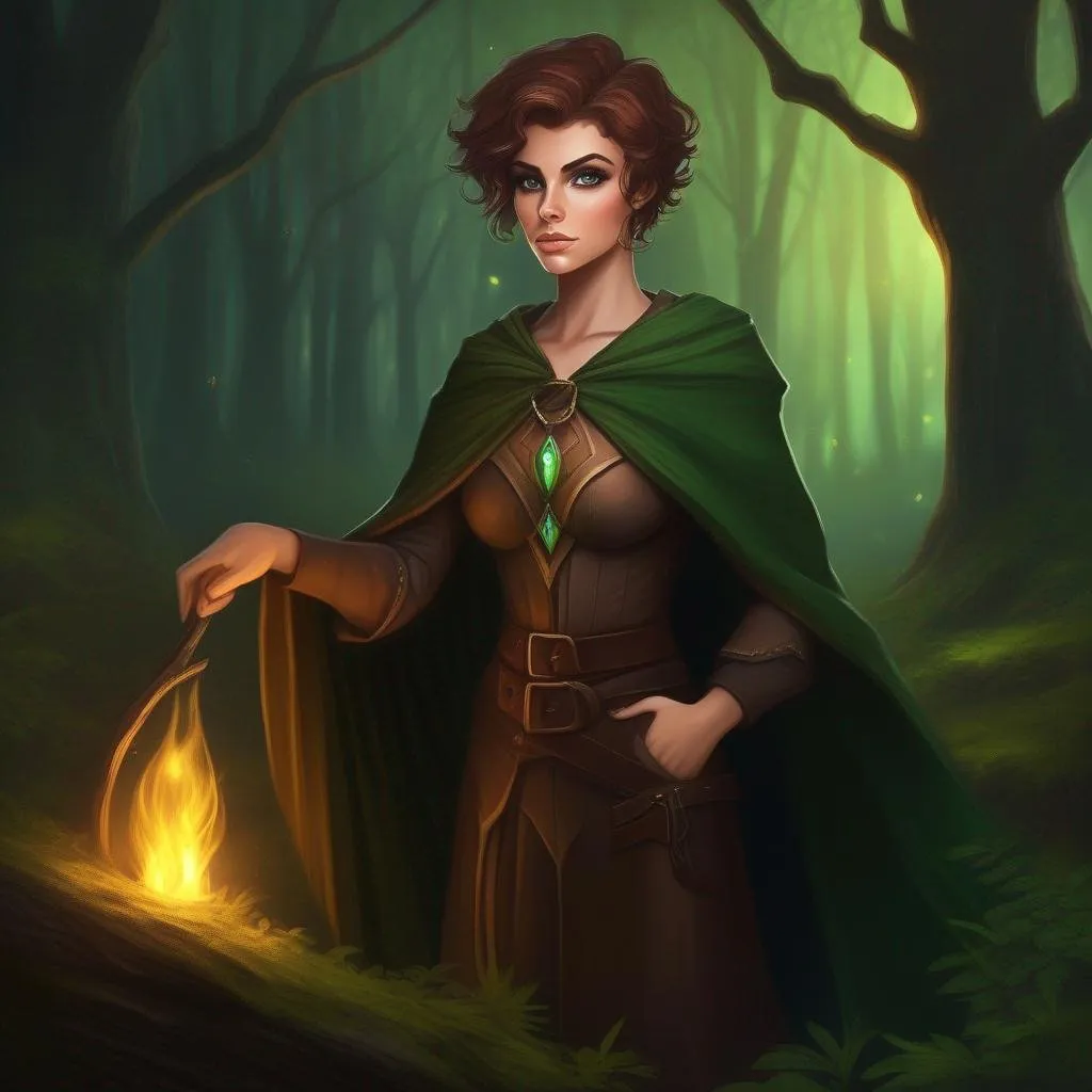 Prompt: highest quality anime art masterpiece, digital drawing, tiny skinny caucasian female sorceress, wearing mage mantle, , very short wavy brown pixie undercut hair with shaved sides:vistani, dark female makeup, huge hooked aquiline persian nose, melancholic, in a forest on a dark foggy night, big sad slant green eyes, tanned skin:2, waxing moon, ethereal, highres, realistic, highly detailed, fantasy, eastern european, ukrainian, D&D, Ravenloft, by Ilya Kuvshinov