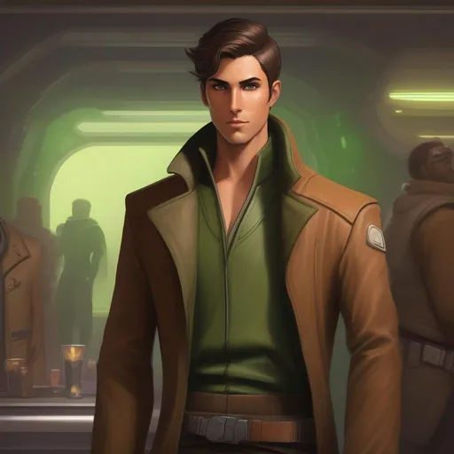 Prompt: From distance. Whole body, full figure. A young male smuggler with deep brown hair, very short pixie undercut. he wears a brown pilot coat and has a holster on his right leg. huge long hoocked aquiline grecian nose, green eyes. In background a noisy scifi cantina. soft feminine body features. Smooth skin, detailed, well drawn face. Rpg art. 2d art. 2d.