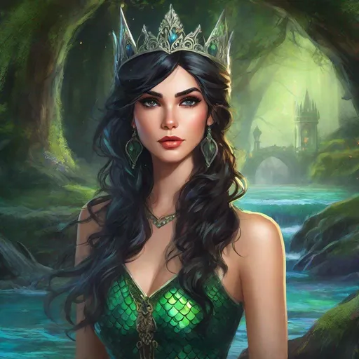 Prompt: fantasy book cover, a buxom  black haired mermaid princess with brown highlights in her very short messy wavy bob hair, mermaid fae, tall and willowy and pretty, soft freckles, big large green eyes, pointed ears, intricate blue and green gown, pointy ears, iron palace gray metal, landscape beautiful pine forest, sit on sone, fishlail, Carne Griffiths, Michael Garmash, Frank Frazetta, Castle Background, Victo Ngai, Detailed, Vibrant, Sharp Focus, Character Design, Wlop, Kuvshinov, Character Design, TXAA, 32k, Highly Detailed, Dynamic Pose, Intricate Motifs, Organic Tracery, Perfect Composition, Digital Painting, Artstation, Smooth, Sharp Focus, Illustration, hyperdetailed, greg rutkowski