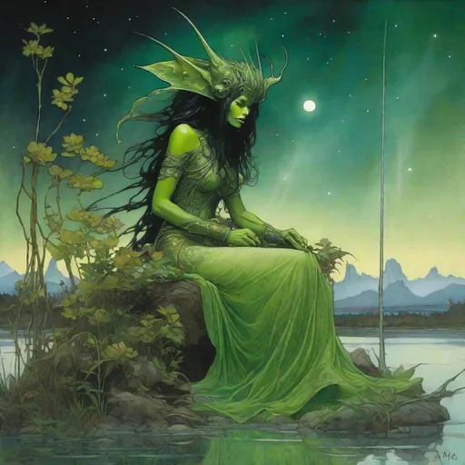 Prompt: (Art Nouveau Painting on Silk with Iridescent Texture), a captivating painting by the renowned artist Jean Baptiste Monge, portraying a green skinned alien orc woman with black hair, seated by a swamp, facing forward, many flowering plants, all set against the enchanting backdrop of a moonlit night and aurora borealis; the artwork is characterized by a luxurious silk iridescent texture, enhancing the overall visual appeal; the palette features pale colors, expertly blended using watercolor and ink splatter techniques, carefully placed golden foil detail; the style is distinctly Art Nouveau