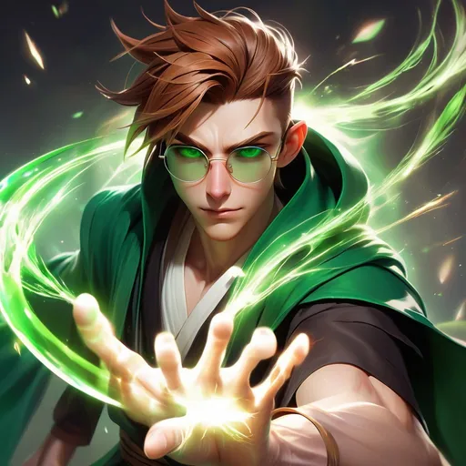 Prompt: a dynamic waist up drawing of an athletic, dressed adult slender skinny male mage in movement, wearing a dark green wizard robe with a cape, loincloth, white shirt underneath and round glasses, green mirror shades with emerald lenses, very short extremely deep dark brown slicked back pompadour undercut with dark ginger highlights and shaved sides, very bright and pale milky skin. He fights with a wooden magic staff with a crystal and shoots magical pulses in motion, in rage, soft feminine body features, rising, athlete, scarred face, Smooth skin, detailed face, well drawn face. Rpg art. 2d art. 2d.