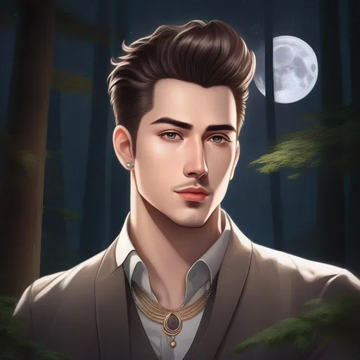 Prompt: highest quality anime art masterpiece, digital drawing, caucasian man with very short brown slicked back pompadour undercut hair:vistani, melancholic, in a forest on a dark foggy night, sad brown eyes, pale milky skin:2, waxing moon, round face, broad cheeks, ethereal, jewelry set, highres, realistic, highly detailed, fantasy, european, irish, D&D, Ravenloft, by Ilya Kuvshinov