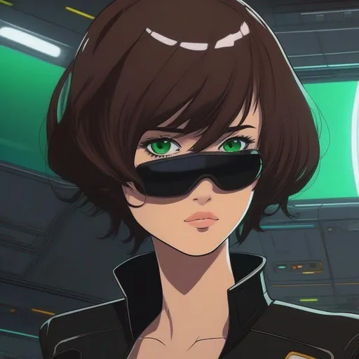 Prompt: Whole body. Full Figure, from distance. a Young noble woman from the future in the 22nd century, black futuristic scifi uniform. Cute. very short dark brown pixie haircut. emerald eyes. Akira art. Anime art. Captain Harlock art. Leiji Matsumoto art. 2d art. 2d. well drawn face. detailed.