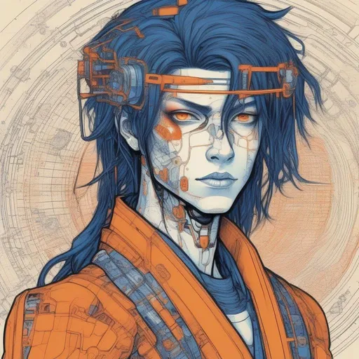 Prompt: blue pen and orange pencil, wired bionic boy alike tall girlish Japanese boyish androgynous feminine young caucasian teenage male boy geisha, slightly masculine, a bit manly, boylike girllike cyberpunk borg with open body implants and tubed prosthetics, very long dark straight hair, woman kimono, full makeup, freckles, art, circle, one color background, by Hokusai and James Gurney,