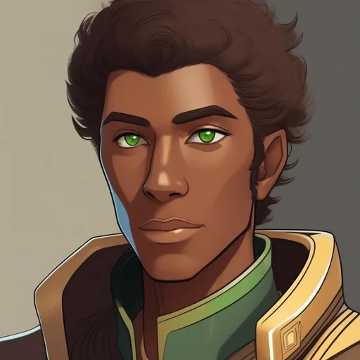 Prompt:  A young cathar alien of a star wars lion race. Vaguely humanoid. He has dark brown fur and a golden brown skin. He wears a scifi suit and has green eyes. Detailed, well draw face, Smooth skin. rpg art. Star wars art. 2d art. 2d