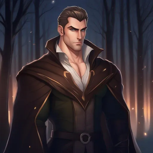 Prompt: highest quality anime art masterpiece, digital drawing, tall muscular bulky caucasian male sorcerer, wearing mantle, suideburns, very short brown slicked back pompadour undercut hair with shaved sides:vistani, melancholic, in a forest on a dark foggy night, big sad slant brown eyes, pale milky skin:2, waxing moon, round shaven face, broad cheeks, ethereal, trimmed face, highres, realistic, highly detailed, fantasy, european, irish, D&D, Ravenloft, by Ilya Kuvshinov