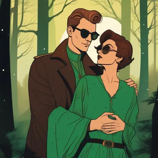 Prompt: A silkscreen comic illustration of a caucasian male sorcerer wearing mantle with freckles, green round sunglasses and very short brown slicked back pompadour undercut hair with shaved sides:vistani, melancholic, in a forest on a dark foggy night, hugging a woman with short brown wavy pixie hair, bid sad slant brown eyes, pale milky skin:2, waxing moon, round shaven face, broad cheeks, 1960s Soviet Retrofuturism,