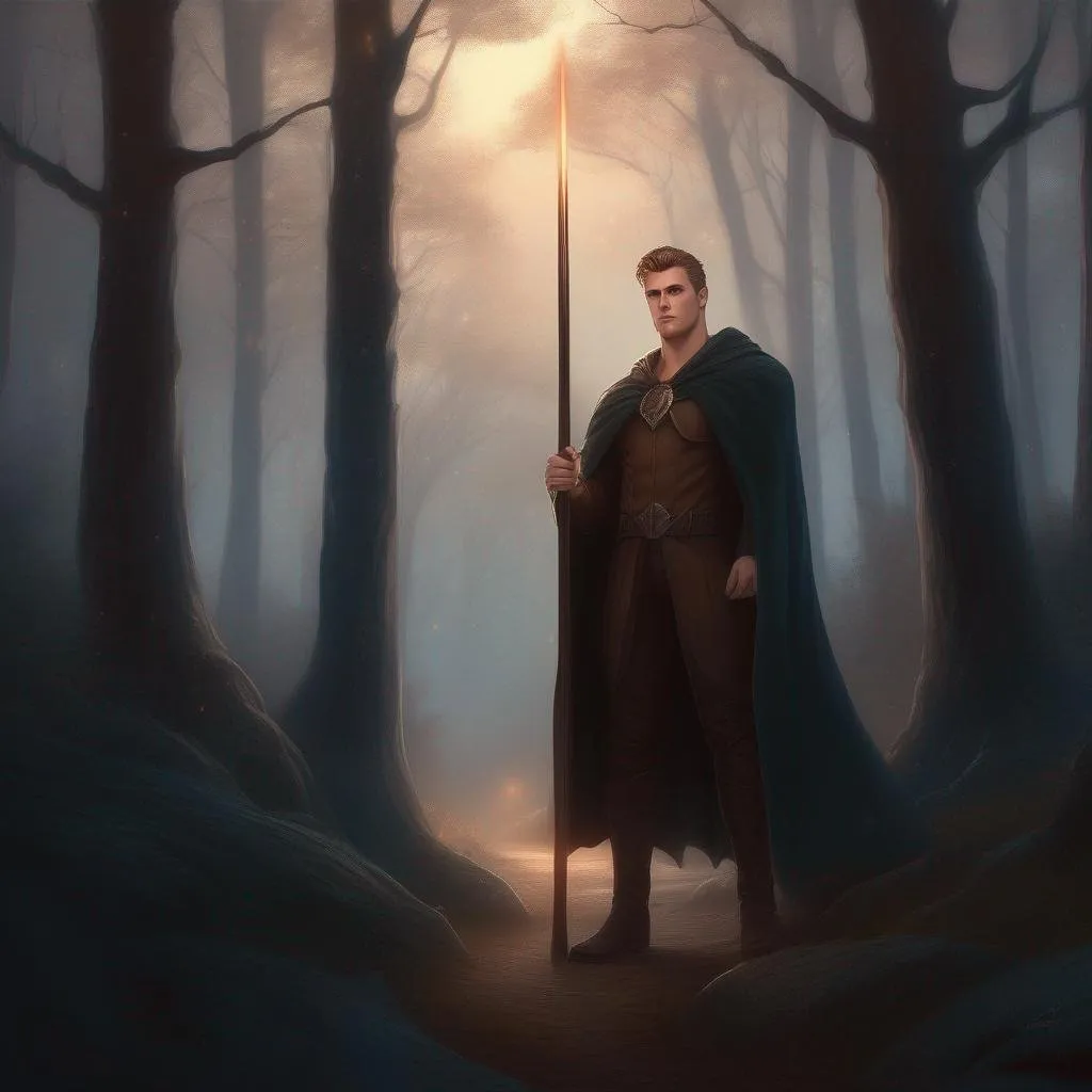 Prompt: highest quality anime art masterpiece, digital drawing, tall muscular bulky caucasian male sorcerer woth a staff wearing mantle, with freckles very short brown slicked back pompadour undercut hair with shaved sides:vistani, melancholic, in a forest on a dark foggy night, big sad slant brown eyes, pale milky skin:2, waxing moon, round shaven face, broad cheeks, ethereal, trimmed face, highres, realistic, highly detailed, fantasy, european, irish, D&D, Ravenloft, by Ilya Kuvshinov