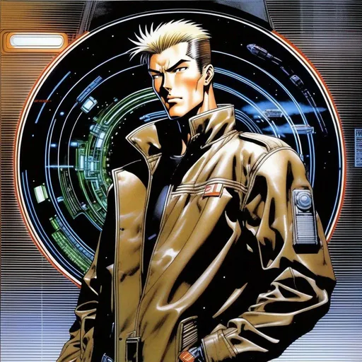 Prompt: detailed character portrait, full body portrait of a muscled male with brown pompadour undercut, retro futuristic starship captain, green glowing eyes, smirking, black futuristic leather jackett, on smoky background, transporter, teleporter, inside of a spaceship,  Ghost in the shell art. Masamune Shirow art. anime art. Leiji Matsumoto art. Akira art. Otomo art. 2d. 2d art.