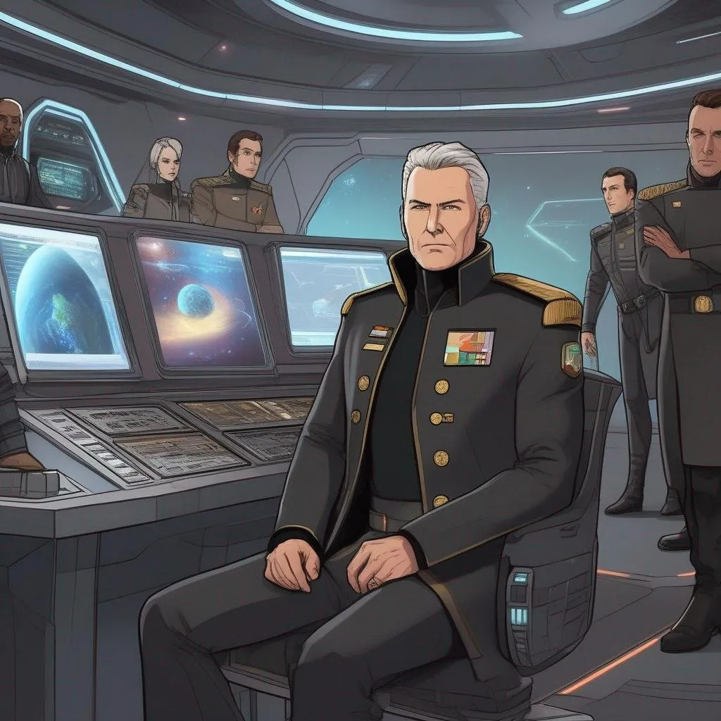Prompt: a scifi irish starfleet admiral. 35 years old. He wears a 22th century retro futuristic black coat. grey pants. black boots. in background a spaceport. he is sitting next to a holographic desk surrounded by petty officials and starship captains. rpg. rpg art. 2d art. 2d. well drawn face. detailed.