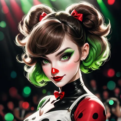 Prompt: a beatnik ska trash polka young lady ballerina, flirting, water colours, black, gray, white and red, with big attitude, joker girl with huge big long hooked aquiline arabian nose, round face, broad cheeks, green eyes, very short brown wavy pixie undercut hair, on vaudeville stage