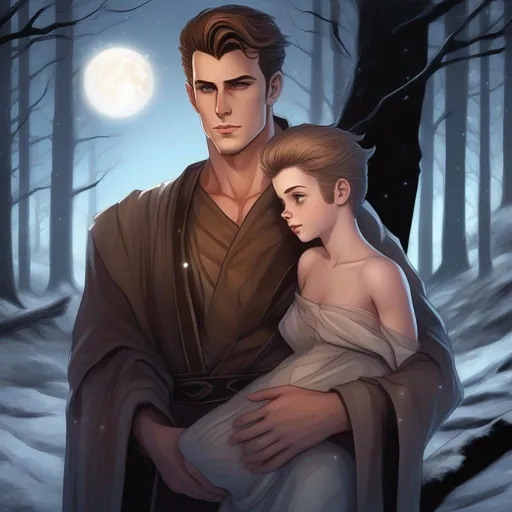 Prompt: highest quality anime art masterpiece, digital drawing, caucasian male sorcerer with very short brown slicked back pompadour undercut hair with shaved sides:vistani, melancholic, in a forest on a dark foggy night, holding a newborn, bid sad slant brown eyes, pale milky skin:2, waxing moon, round shaven face, broad cheeks, ethereal, jewelry set, highres, realistic, highly detailed, fantasy, european, irish, D&D, Ravenloft, by Ilya Kuvshinov