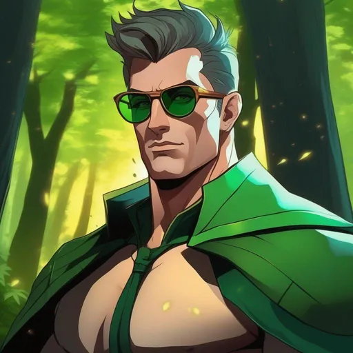 Prompt: highest quality anime art masterpiece, digital drawing, tall muscular bulky caucasian male sorcerer, wearing mage mantle, suideburns, very short brown slicked back pompadour undercut hair with shaved sides:vistani, wearing round glasses, green shades with emerald lenses, green sunglasses, dark female makeup, melancholic, in a forest on a dark foggy night, big sad slant brown eyes, pale milky skin:2, waxing moon, round shaven face, broad cheeks, ethereal, trimmed face, highres, realistic, highly detailed, fantasy, european, irish, D&D, Ravenloft, by Ilya Kuvshinov