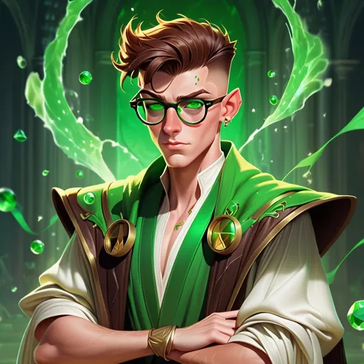 Prompt: light rice paper::3, a pictute of an irish androgynous caucasian male sorcerer, very short dark brown slicked back pompadour undercut hair with shaved sides, in a wizard robe, wearing round glasses, green shades with emerald lenses, dark female makeup, freckled, milky skin, 2d art by James Gurney,