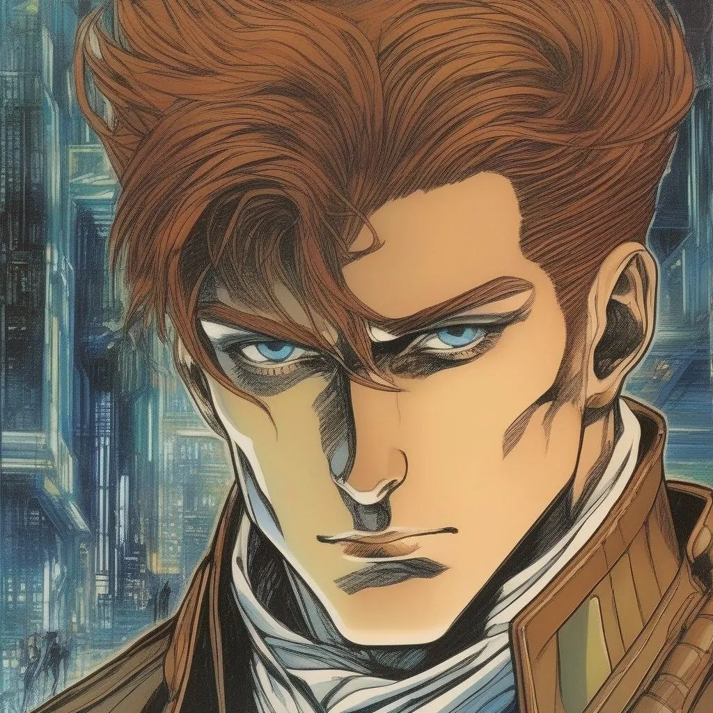 Prompt: A masculine scifi european cyborg soldier. very short bright brown slicked back pompadour undercut hair with shawed sides and light chestnut highlights, round face, broad cheeks, glowing eyes, wearing a black retro futuristic leather jackett with armour underneath, Ghost in the shell art. Masamune Shirow art. anime art. Leiji Matsumoto art. Akira art. Otomo art. 2d. 2d art.