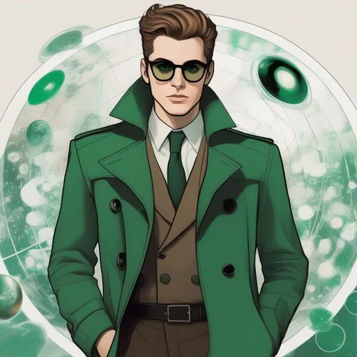 Prompt: full body shot shot of a young {man} with moderate length brown pompadour hair, wearing a dark brown trench jacket and white collared shirt with a plack tie, black pants and black boots, round glasses, green shades with emerald lenses, handsome, rpg art. Star trek art. 2d art. 2d