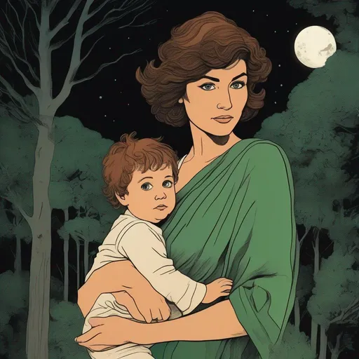 Prompt: A silkscreen comic illustration of a caucasian woman with very short brown thick wavy messy pixie hair:vistani, carrying a child in her arms, sad, in a forest on a dark foggy night, big green eyes, tanned skin:2, waxing moon, huge long wide broad hooked greek aquiline algerian oriental arabic nose, flat chest, ethereal, jewelry set, highres, realistic, highly detailed, fantasy, gypsy, roma, 1960s Soviet Retrofuturism,