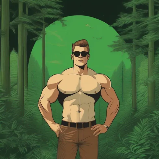 Prompt: A silkscreen illustration, tall muscular bulky caucasian male sorcerer, wearing mage mantle, suideburns, very short brown slicked back pompadour undercut hair with shaved sides:vistani, wearing (round glasses), green sunshades with round emerald lenses, green (round) sunglasses, dark female makeup, melancholic, in a forest on a dark foggy night, big sad slant brown eyes, pale milky skin:2, waxing moon, round shaven face, broad cheeks, ethereal, trimmed face, highres, realistic, highly detailed, fantasy, european, irish, 1960s Soviet Retrofuturism , art neuveau, Hannes bok,