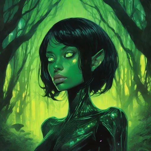 Prompt: a beautiful green skinned extraterrestrial alien girl, black short hair, big yellow glowing eyes, huge long big hooked aquiline arabian nose, green skin, with entirely emerald skin colour, black T-shirt , standing in a forest at night, fear, biomorphic, muted pastel colors palette, by  Callie Fink, SIYA OUM, GIGER, Datamoshing , Vaporware, ink wash painting, aesthetic, centered, 16k, HQ, perspective ,insanely detailed and intricate, hyper realistic, cgsociet, dynamic pose