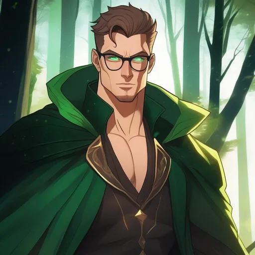 Prompt: highest quality anime art masterpiece, digital drawing, tall muscular bulky caucasian male sorcerer, wearing mage mantle, suideburns, very short brown slicked back pompadour undercut hair with shaved sides:vistani, wearing round glasses, green shades with emerald lenses, dark female makeup, melancholic, in a forest on a dark foggy night, big sad slant brown eyes, pale milky skin:2, waxing moon, round shaven face, broad cheeks, ethereal, trimmed face, highres, realistic, highly detailed, fantasy, european, irish, D&D, Ravenloft, by Ilya Kuvshinov